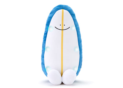 Geoffrey's Toy Box 11-inch Surfboard Plush with blue curved edges, white center, yellow stripe, and smiling face