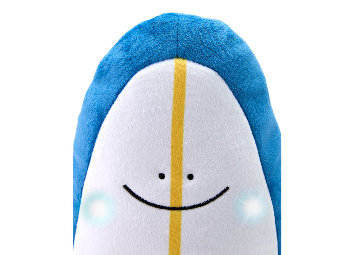 Geoffrey's Toy Box 11-inch Surfboard Plush with blue top, white body, yellow center stripe, and smiling face