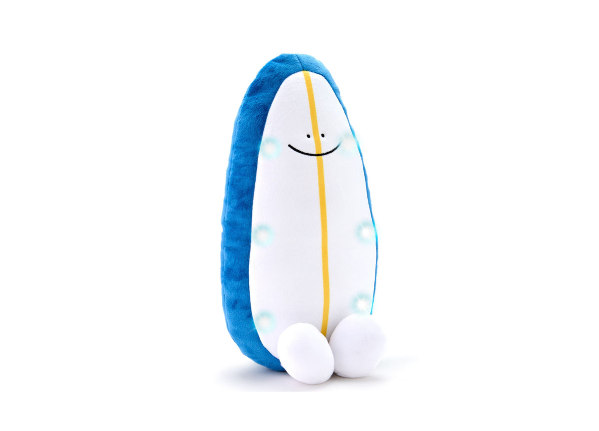 Geoffrey's Toy Box 11-inch Surfboard Plush with blue back, white front, yellow stripe, and smiling face