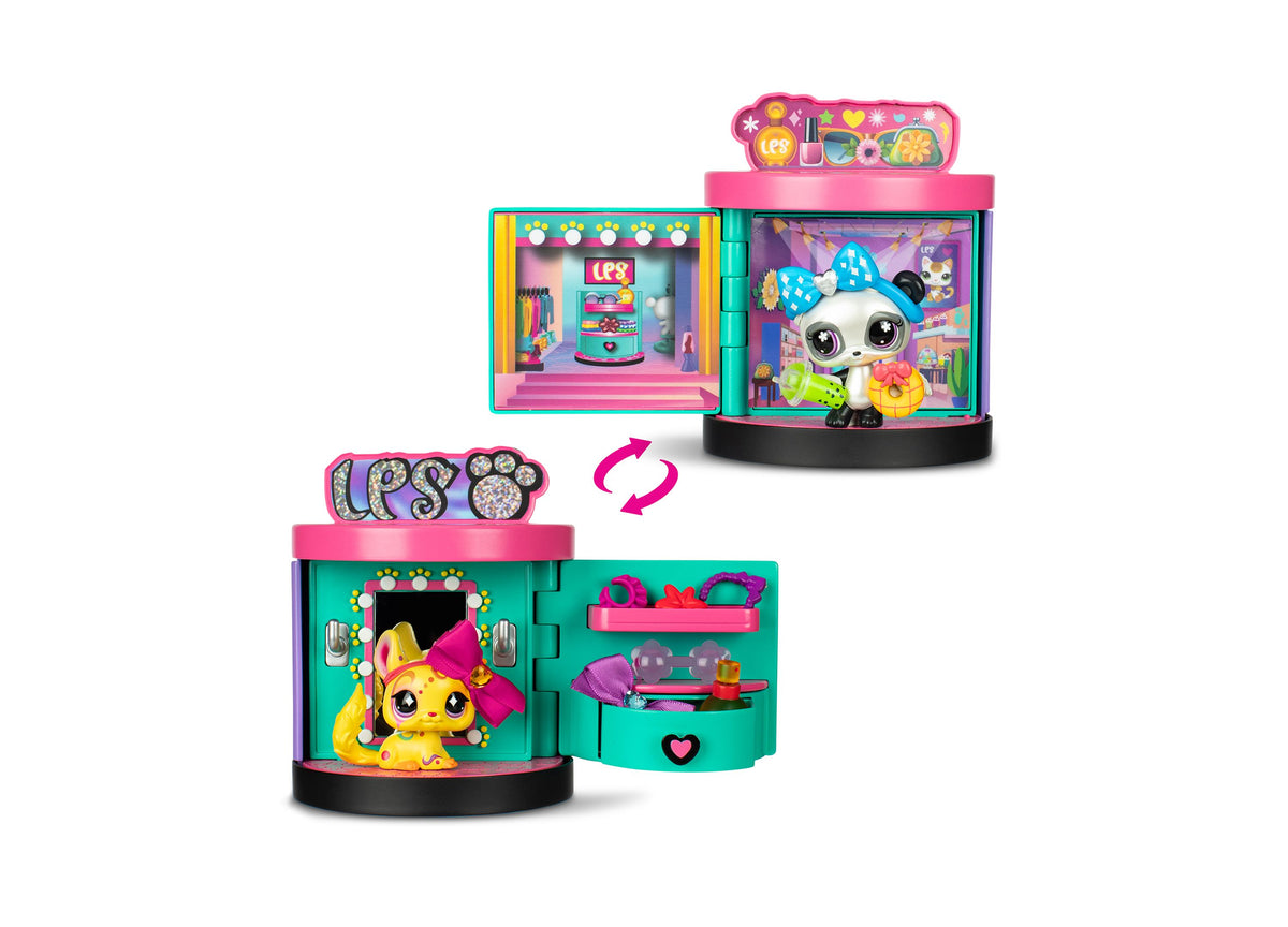 Littlest Pet Shop Spin and Style Boutique Playset with pink and turquoise 4-in-1 station, three pet characters, and f...