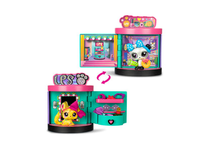 Littlest Pet Shop Spin and Style Boutique Playset with pink and turquoise 4-in-1 station, three pet characters, and f...