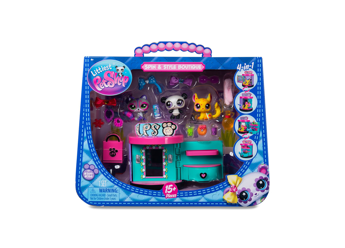 Littlest Pet Shop Spin and Style Boutique Playset with turquoise and pink boutique station, three pet characters, and...