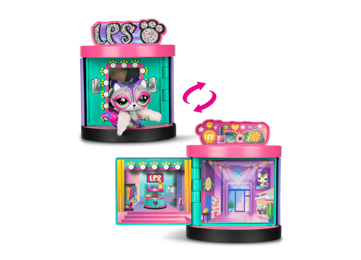 Littlest Pet Shop Spin and Style Boutique Playset with pink and teal 4-in-1 fashion station and glam panda character