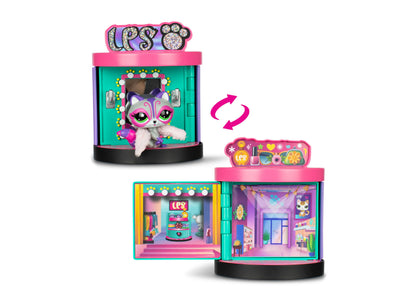 Littlest Pet Shop Spin and Style Boutique Playset with pink and teal 4-in-1 fashion station and glam panda character