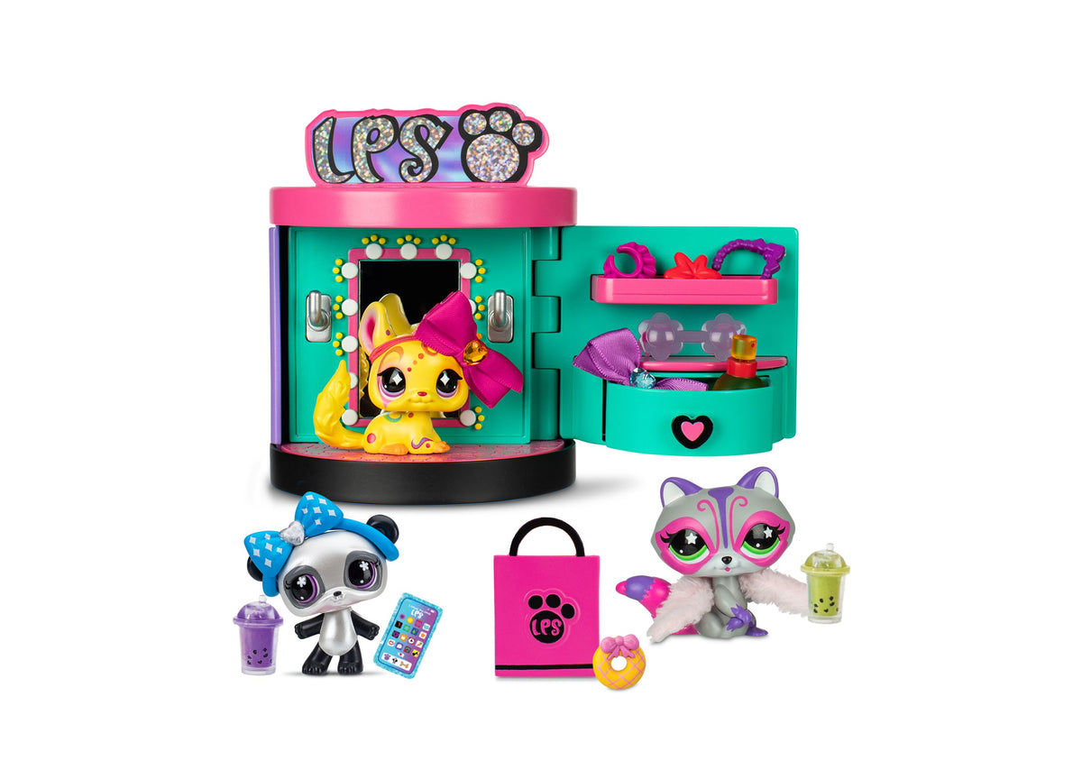 Littlest Pet Shop Spin and Style Boutique Playset with yellow pet, raccoon, panda figures and pink accessories