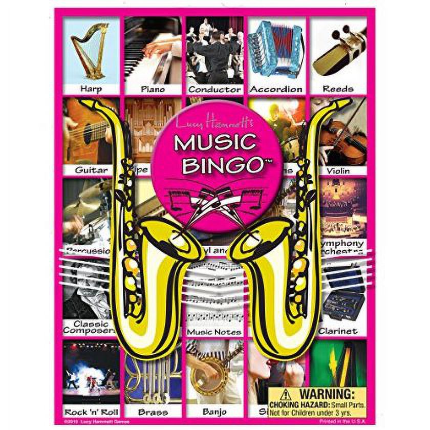 Music Bingo game board with pink border featuring instrument images including harp, piano, conductor, accordion, and reed, plus guitar, pipe, violin, percussion
