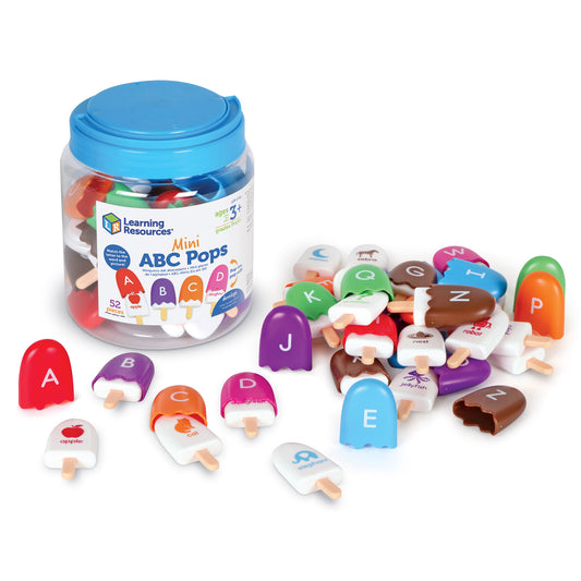 Learning Resources Mini ABC Pops set with blue container and 52 colorful popsicle-shaped pieces labeled with letters A–Z and word-picture pairs for alphabet mat