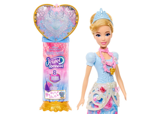 Disney Princess Jewel Reveal Cinderella doll with blonde hair and blue tiara, wearing blue and pink ball gown with jeweled skirt, shown next to heart-shaped rev