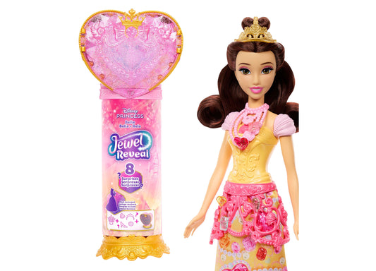 Disney Princess Jewel Reveal Belle doll with brown hair and gold crown, wearing yellow and pink dress, next to heart-shaped jewel reveal container with 8 surpri