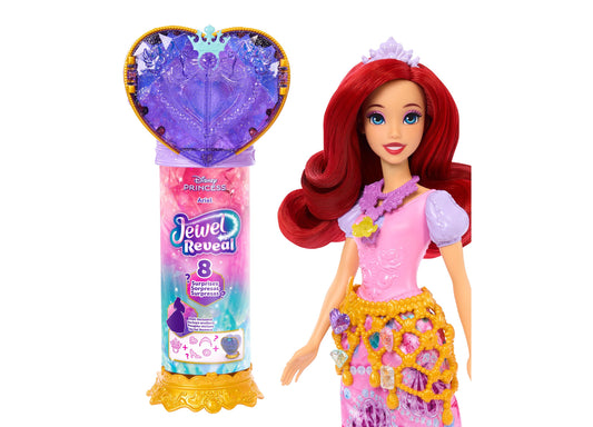 Disney Princess Jewel Reveal Ariel doll with red hair, purple tiara, and pink dress with jeweled skirt, next to purple heart-shaped reveal case