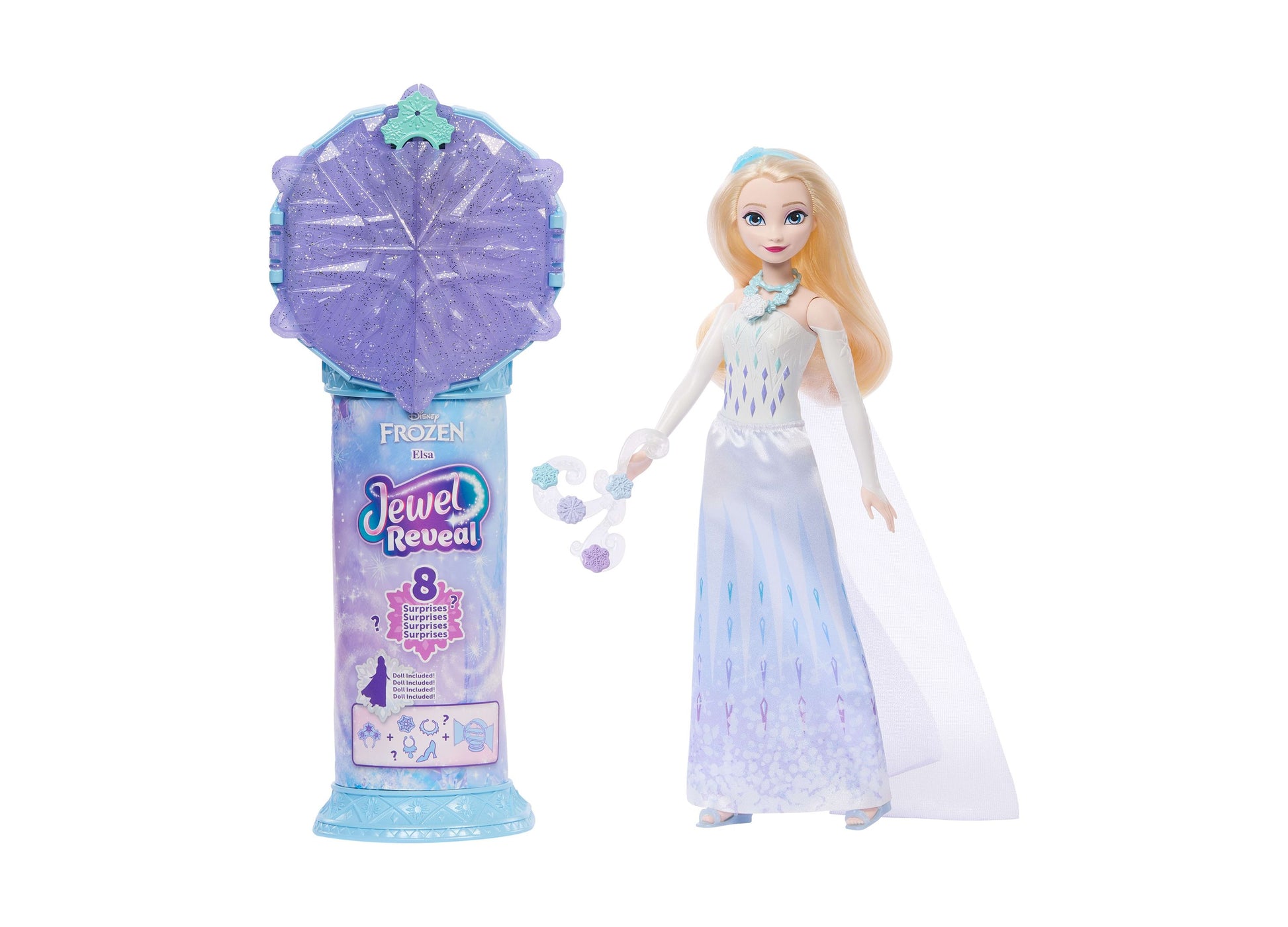 Frozen Jewel Reveal Elsa Fashion Doll with purple jewel-shaped case and accessories including small gem pieces
