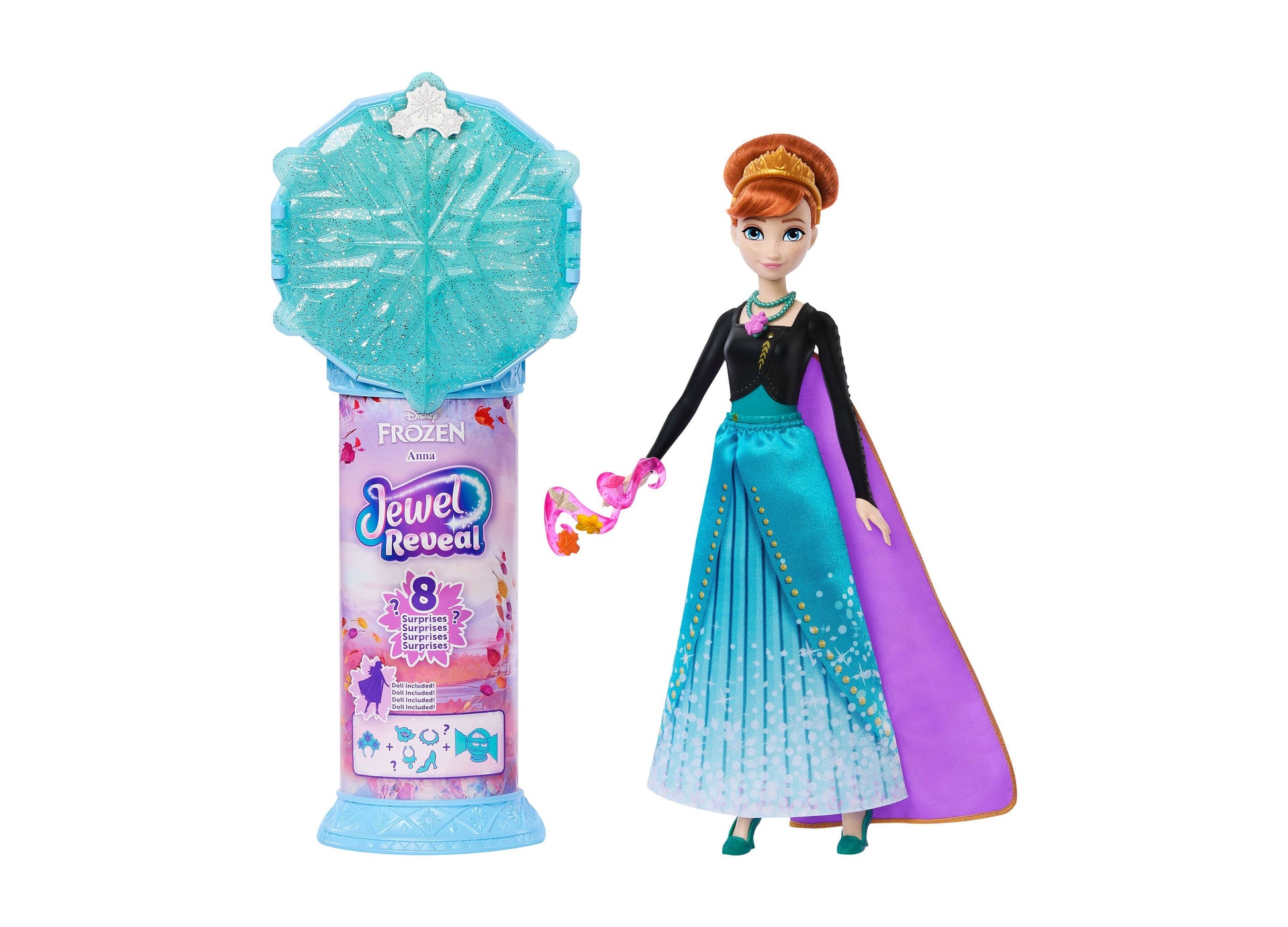 Frozen Anna Jewel Reveal doll with turquoise jeweled case; doll wears black and purple gown with tiara, includes 8 surprise accessories