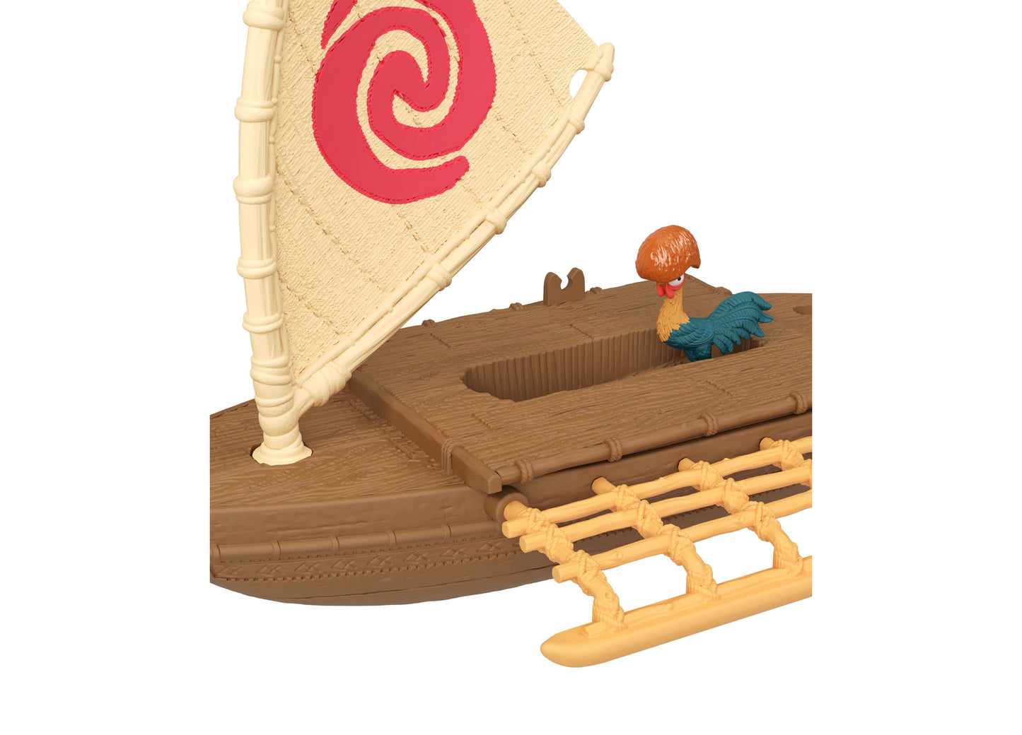 Disney Moana Boat Adventure Playset with brown wooden boat, cream sail with red spiral, and Heihei rooster figure
