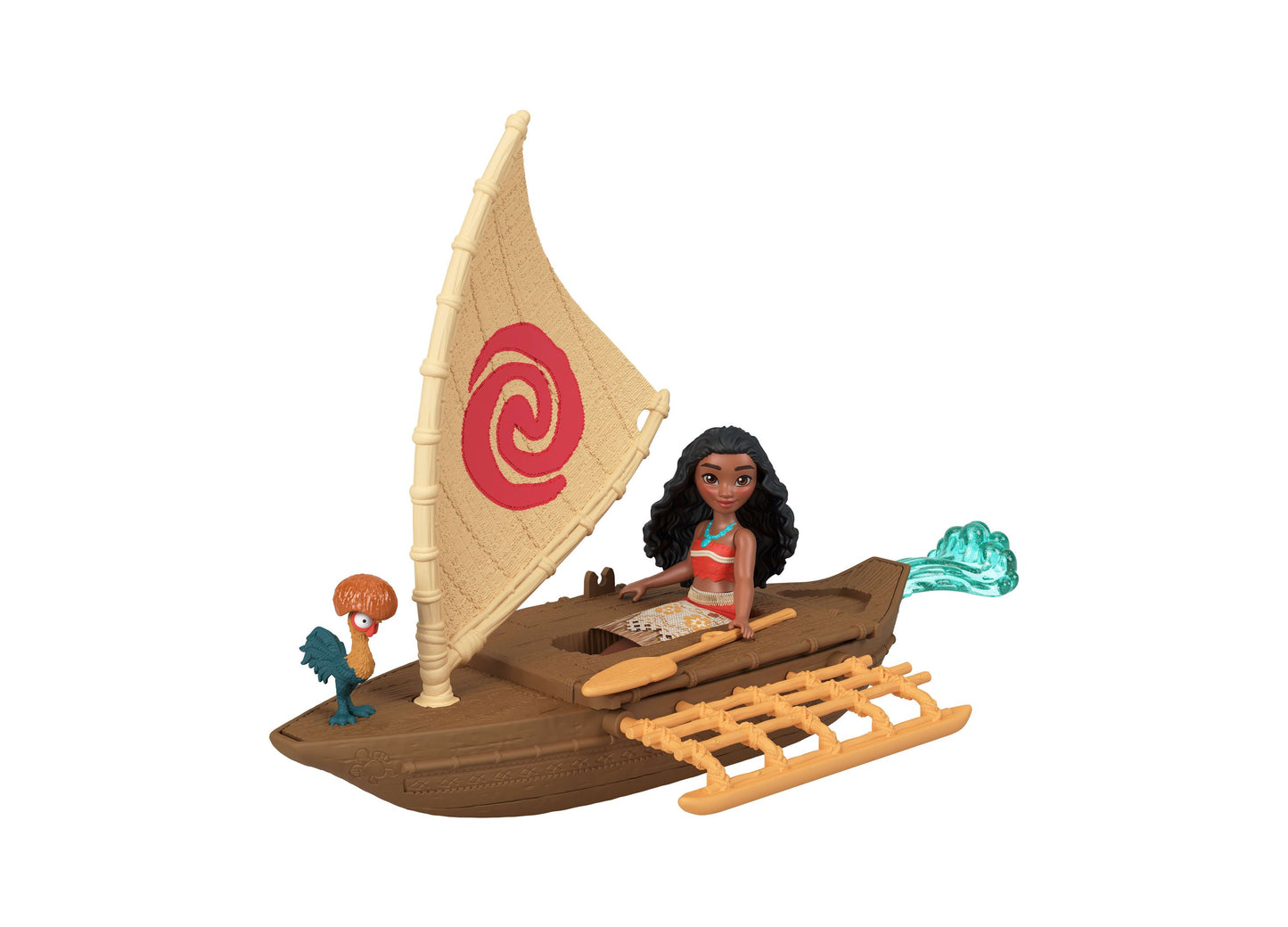 Disney Moana Boat Adventure Playset with Moana doll, Heihei figure, and brown sailboat with red spiral sail