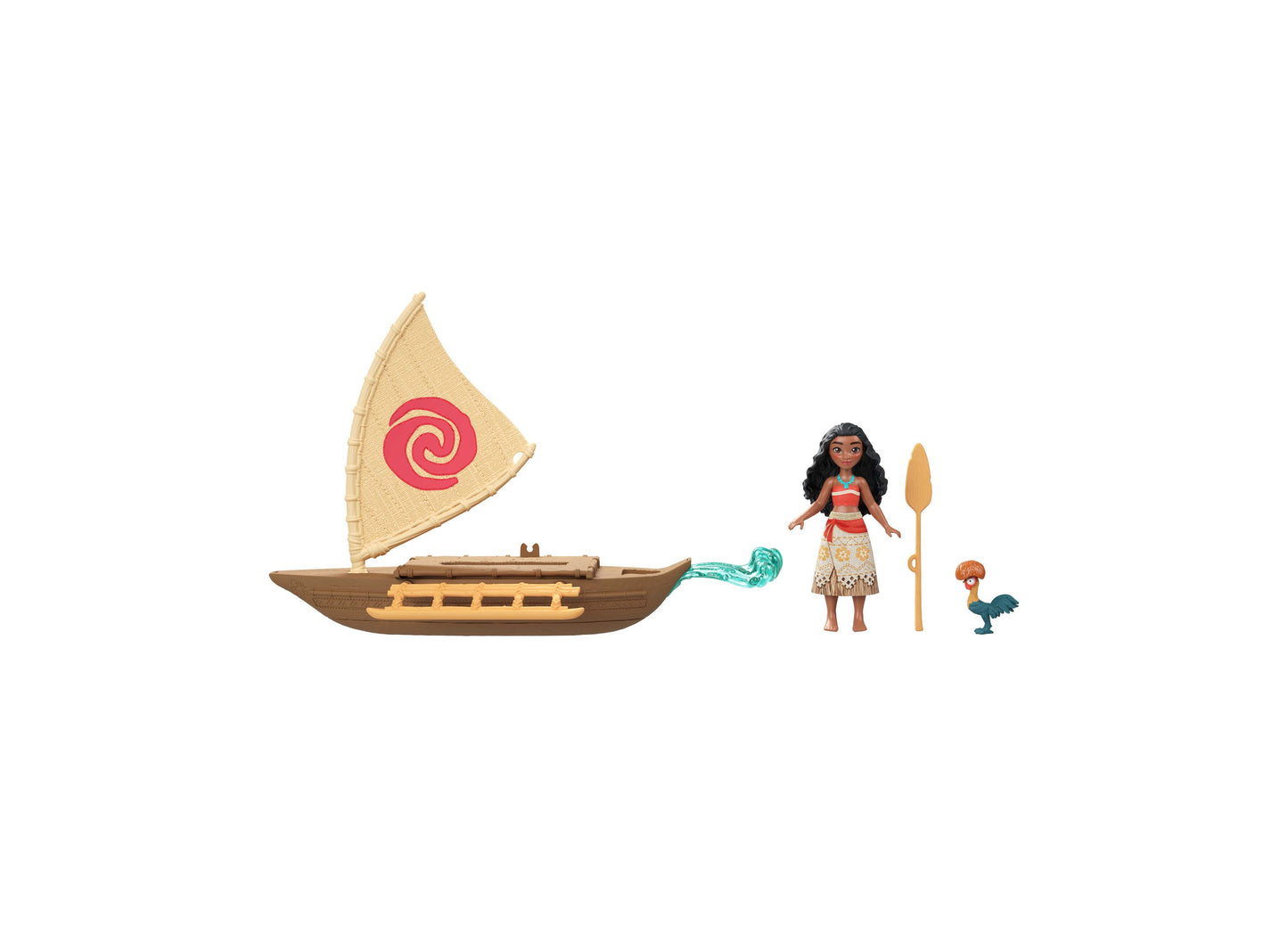 Disney Moana Boat Adventure Playset with Moana doll, Heihei figure, and tan sailboat with red spiral sail