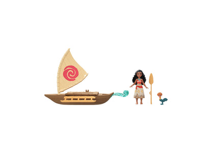 Disney Moana Boat Adventure Playset with Moana doll, Heihei figure, and tan sailboat with red spiral sail