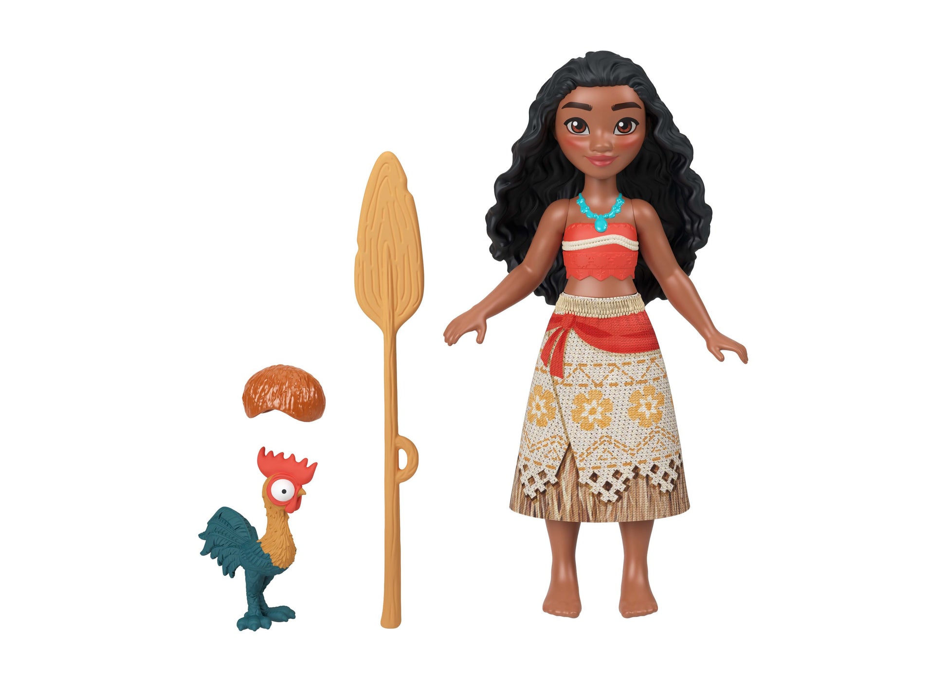 Disney Moana doll with black hair in red dress, turquoise necklace, includes Heihei rooster and wooden oar