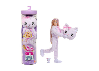 Barbie Cutie Reveal Cuddly Series Kitten Doll with blonde doll modeled by a child in purple kitten costume, holding plush cat accessories, shown with packaging