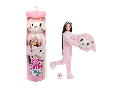 Barbie Cutie Reveal doll with plush pink lamb costume; packaging shown on left displays doll and small animal plush; on right, doll modeled by child wearing pin