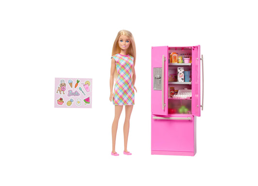 Barbie doll with blonde hair wearing colorful argyle dress, pink refrigerator playset with opening doors and shelves filled with food accessories, and sticker s