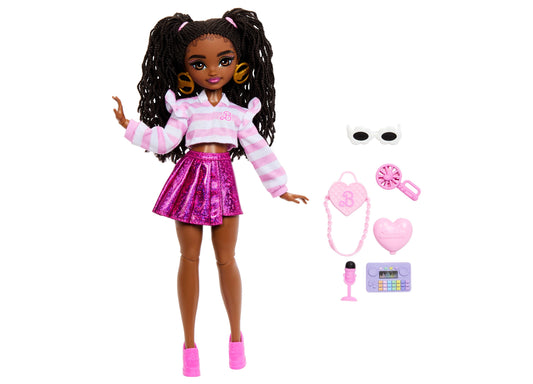 Barbie Brooklyn doll with black braided hair, pink striped top, and magenta sequin skirt, shown with accessories including sunglasses, hairbrush, purse, necklac