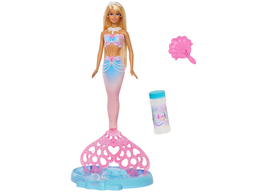 Barbie Bubble Sparkle Mermaid doll with blonde hair, pink and blue ombre tail, jeweled top, and tiara on blue base platform, includes bubble wand and bottle acc