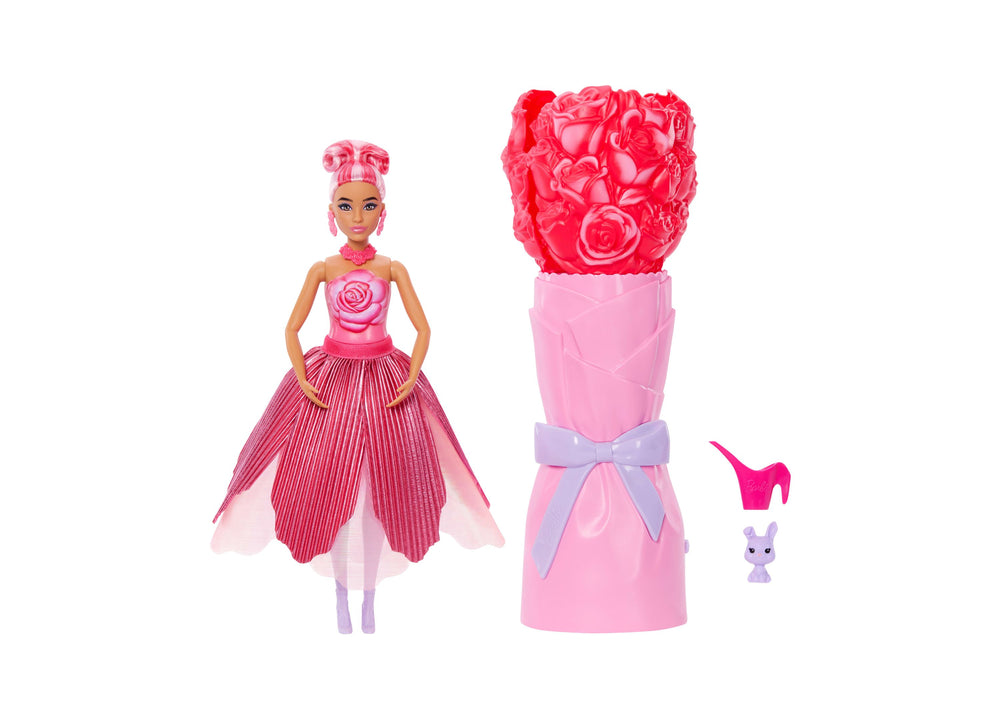 Barbie Petal Pop Scented doll with pink rose-patterned hair wearing striped pink dress, shown with flower-shaped carrying case, hot pink heels accessory, and sm