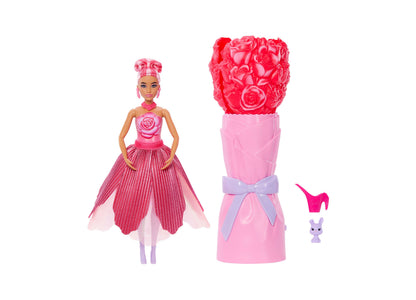 Barbie Petal Pop Scented doll with pink rose-patterned hair wearing striped pink dress, shown with flower-shaped carrying case, hot pink heels accessory, and sm