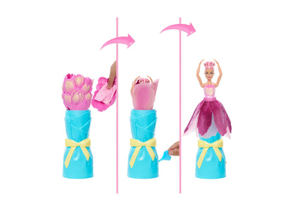 Barbie Petal Pop Scented Doll with pink tulip dress, blue pot, transformation sequence shown