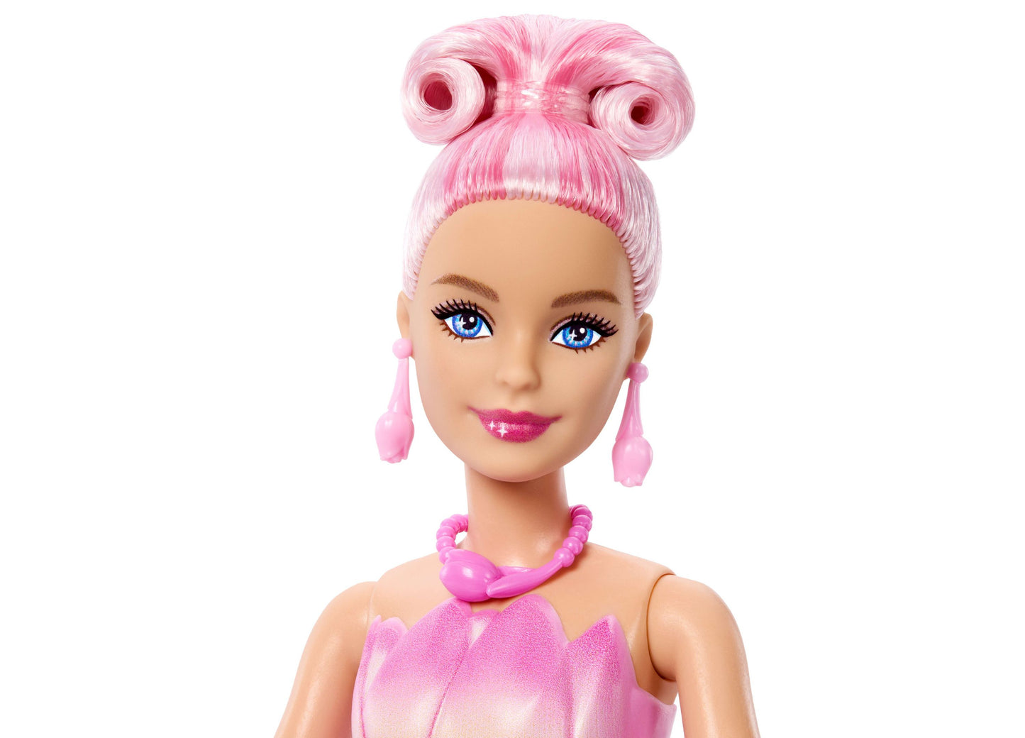 Barbie Petal Pop Scented Doll with pink hair buns, blue eyes, and tulip dress