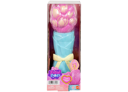 Barbie Petal Pop scented doll with pink tulip dress, blue wrap, and yellow bow in packaging