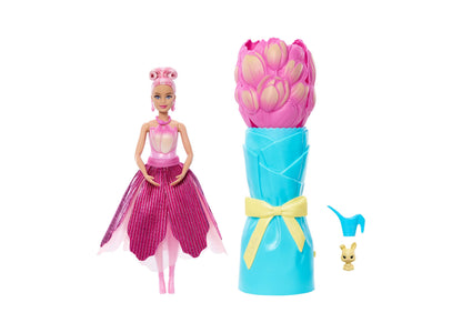 Barbie Petal Pop Scented Fashion Doll with pink tulip dress, blue flower container, and accessories