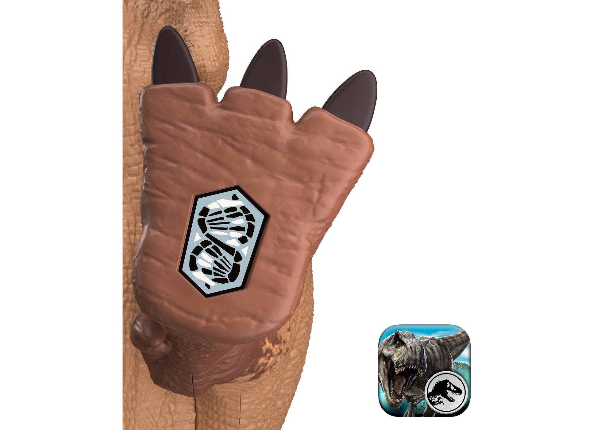 Jurassic World Gorgosaurus dinosaur toy with brown claw hand and emblem detail