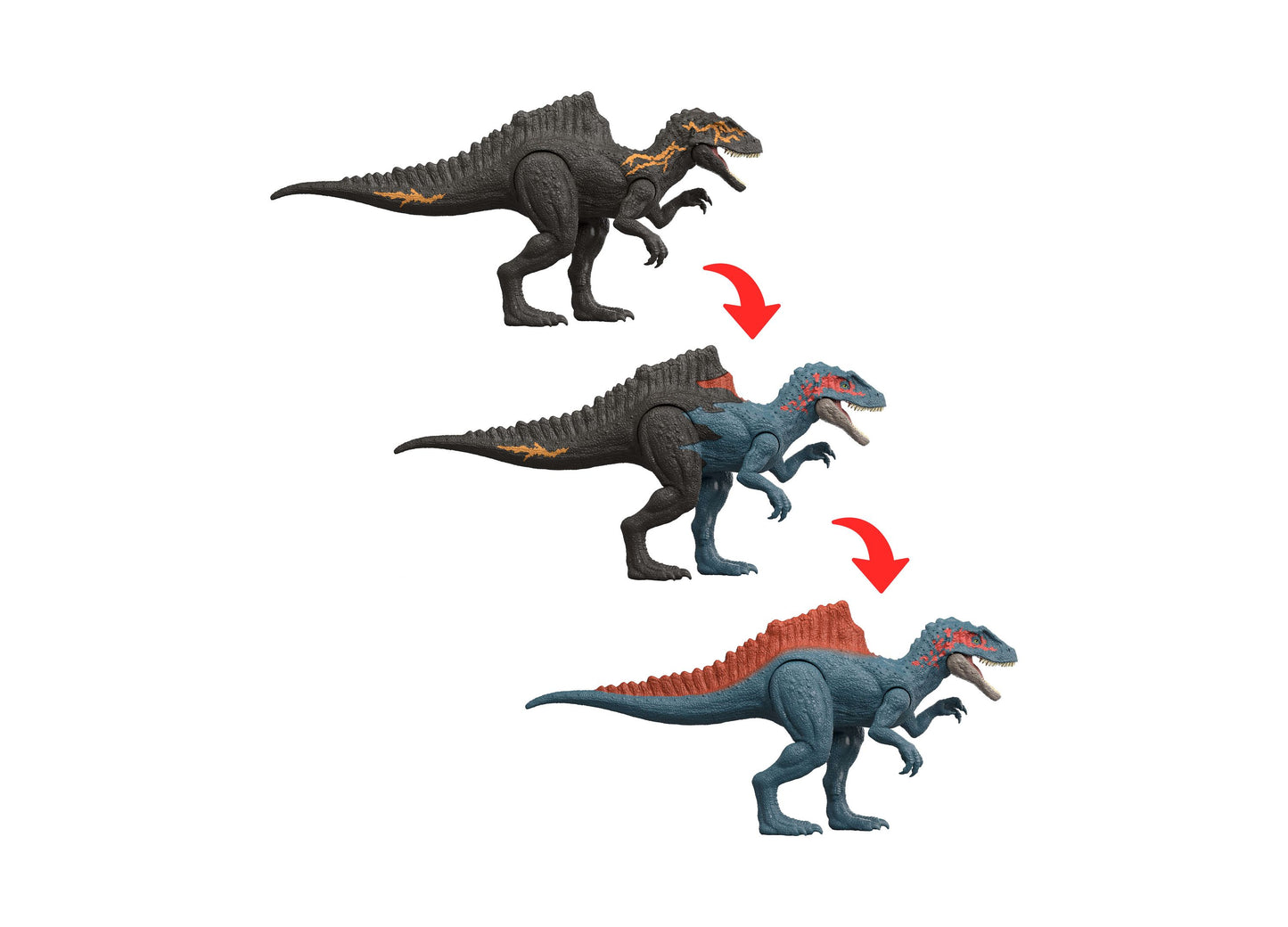 Jurassic World Dino Reveal Deluxe dinosaur figures showing transformation sequence with color-changing features