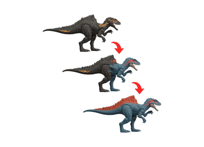 Jurassic World Dino Reveal Deluxe dinosaur figures showing transformation sequence with color-changing features