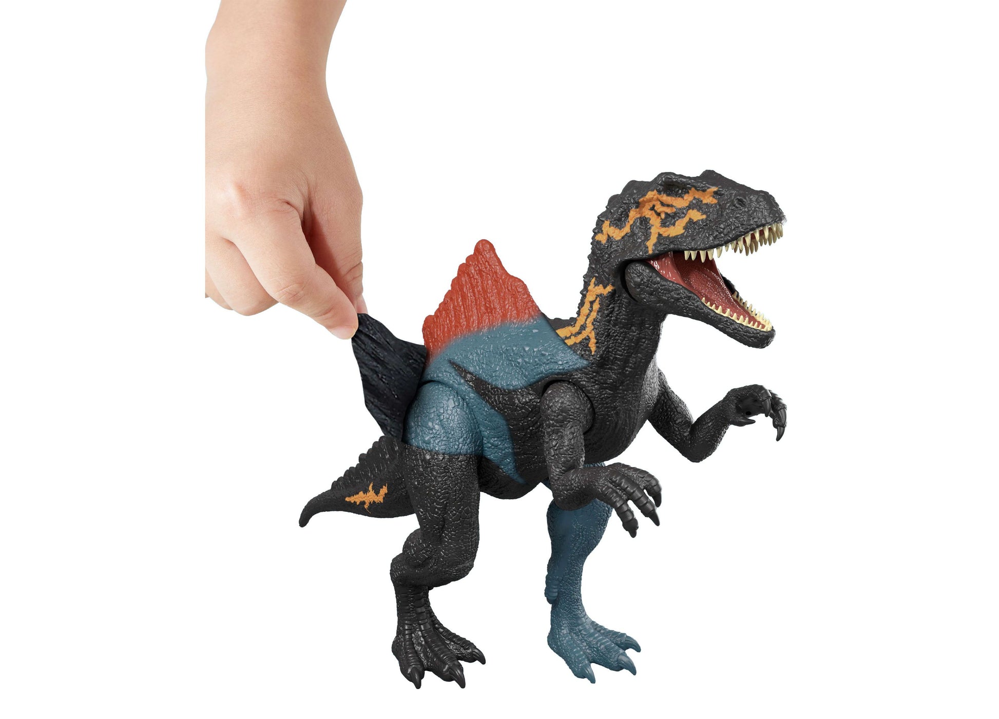 Jurassic World Dino Reveal black dinosaur figure with orange and blue markings