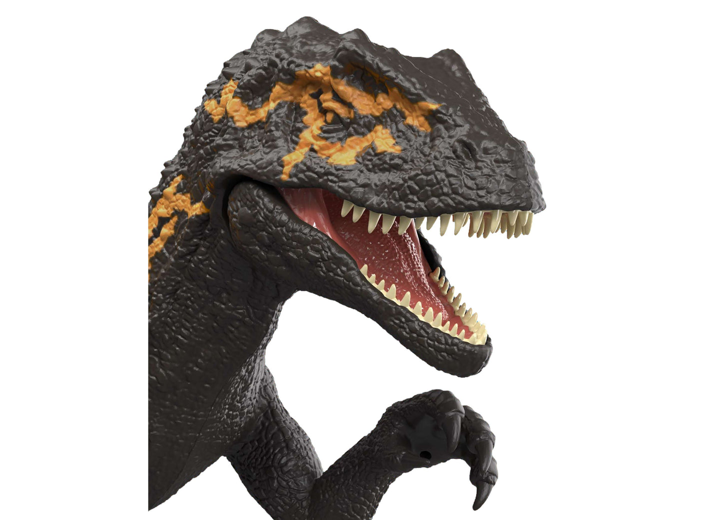 Jurassic World Dino Reveal black T-Rex action figure with orange markings and articulated jaw