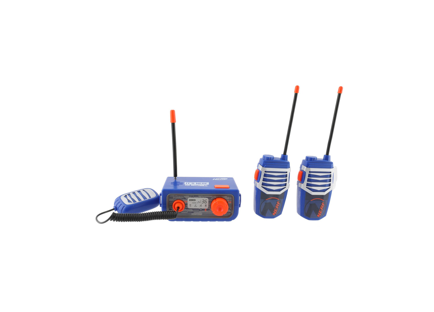 Nerf 3-Way Walkie Talkie Base Station Kit with blue and orange handsets and base unit