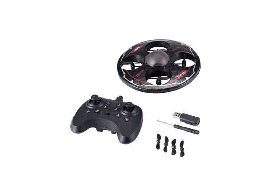 Vivitar Fly View Remote Control Drone with black controller, USB charger, and propellers