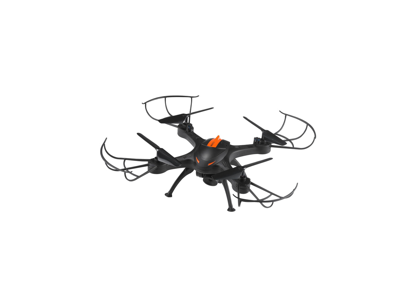 Vivitar Fly View Remote Control Drone with black body, orange accents, and four propeller guards