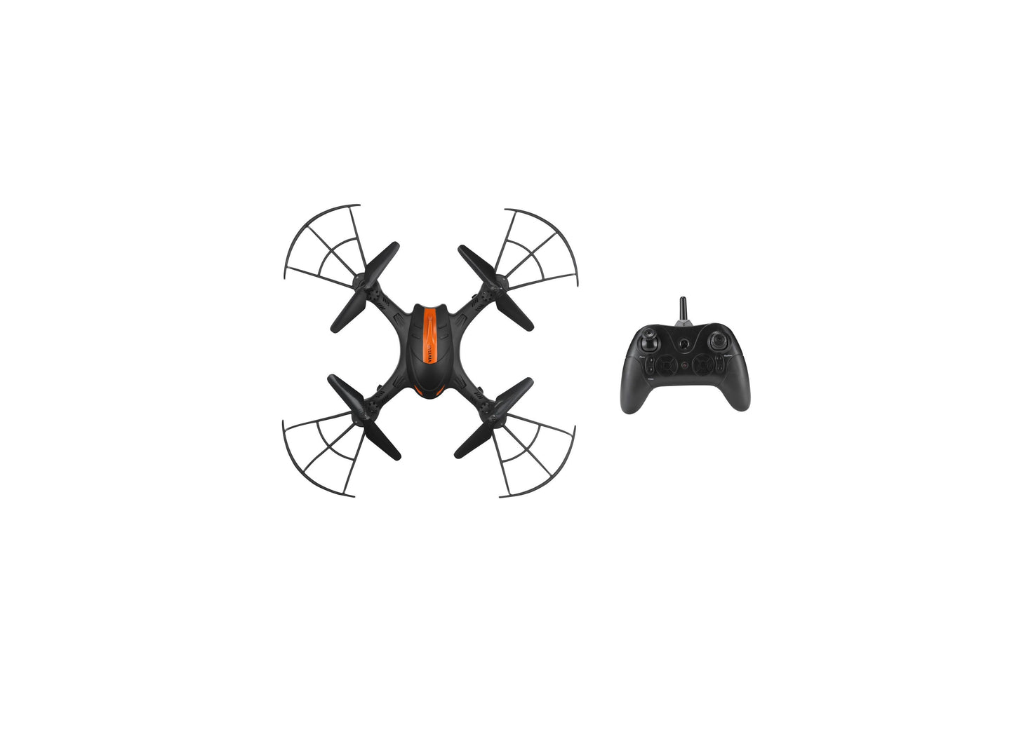 Vivitar Fly View Remote Control Drone with black body, orange accent, and wireless controller