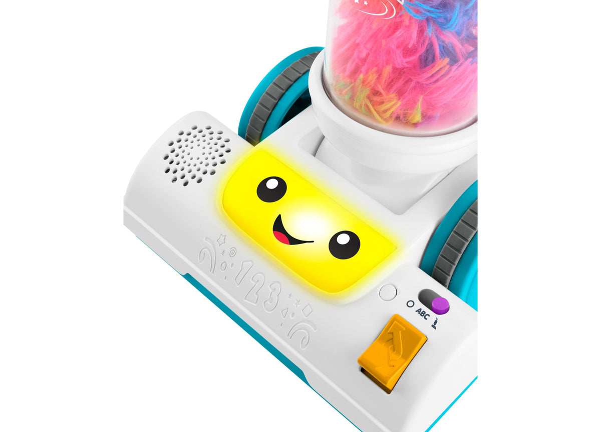 Fisher-Price Laugh & Learn 2-in-1 Vacuum learning toy with yellow smiling face, white and teal body, interactive butt...