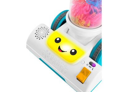 Fisher-Price Laugh & Learn 2-in-1 Vacuum learning toy with yellow smiling face, white and teal body, interactive butt...
