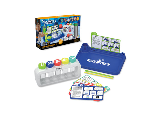Discovery #MINDBLOWN Sensory Science Test Tube Chemistry Lab Set with white test tube rack with colored caps, blue Mix Lab case, instruction cards, and original
