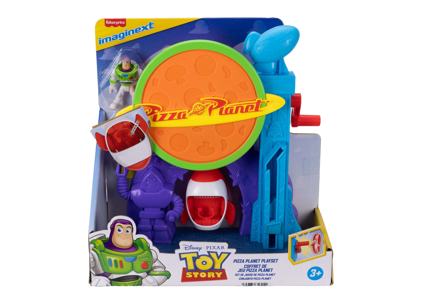 Imaginext Toy Story Pizza Planet Playset with Buzz Lightyear figure and colorful building pieces