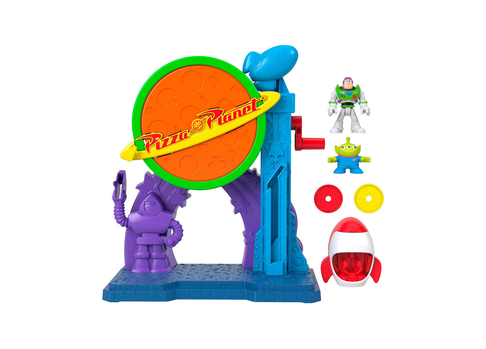 Imaginext Toy Story Pizza Planet Playset with Buzz Lightyear, Alien, purple Emperor figure, and launcher accessories