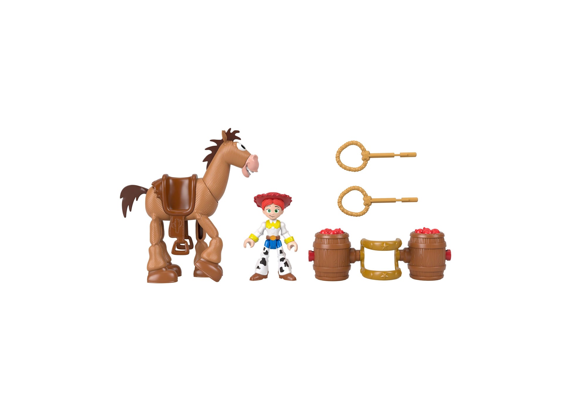 Imaginext Jessie and Bullseye Play Set with brown horse, cowgirl figure, and accessories