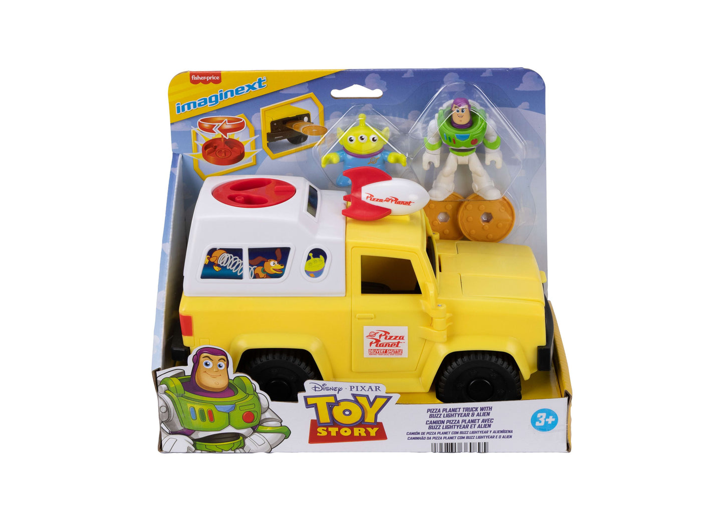 Imaginext Pizza Planet Truck with Buzz Lightyear and Alien figures, yellow toy vehicle