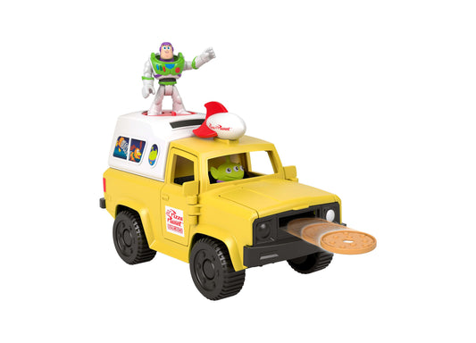 Imaginext Pizza Planet Truck yellow toy with Buzz Lightyear figure on roof and green alien driver