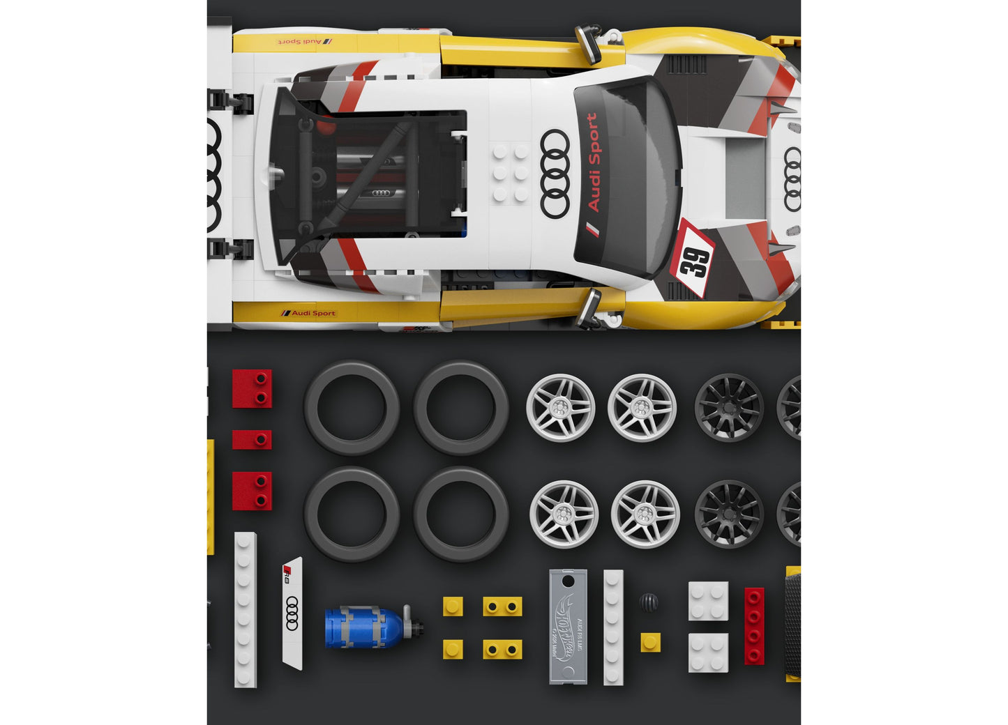 Mattel Brick Shop Hot Wheels Audi R8 LMS 820-piece building toy kit with white, red, and yellow race car model and ac...